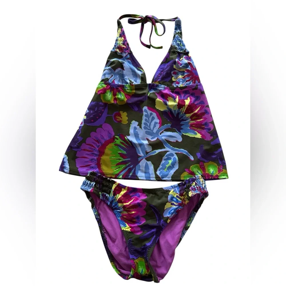 Lucky Brand Size Medium Floral Tankini Swim Set - Purple and Blue - Picture 1 of 1